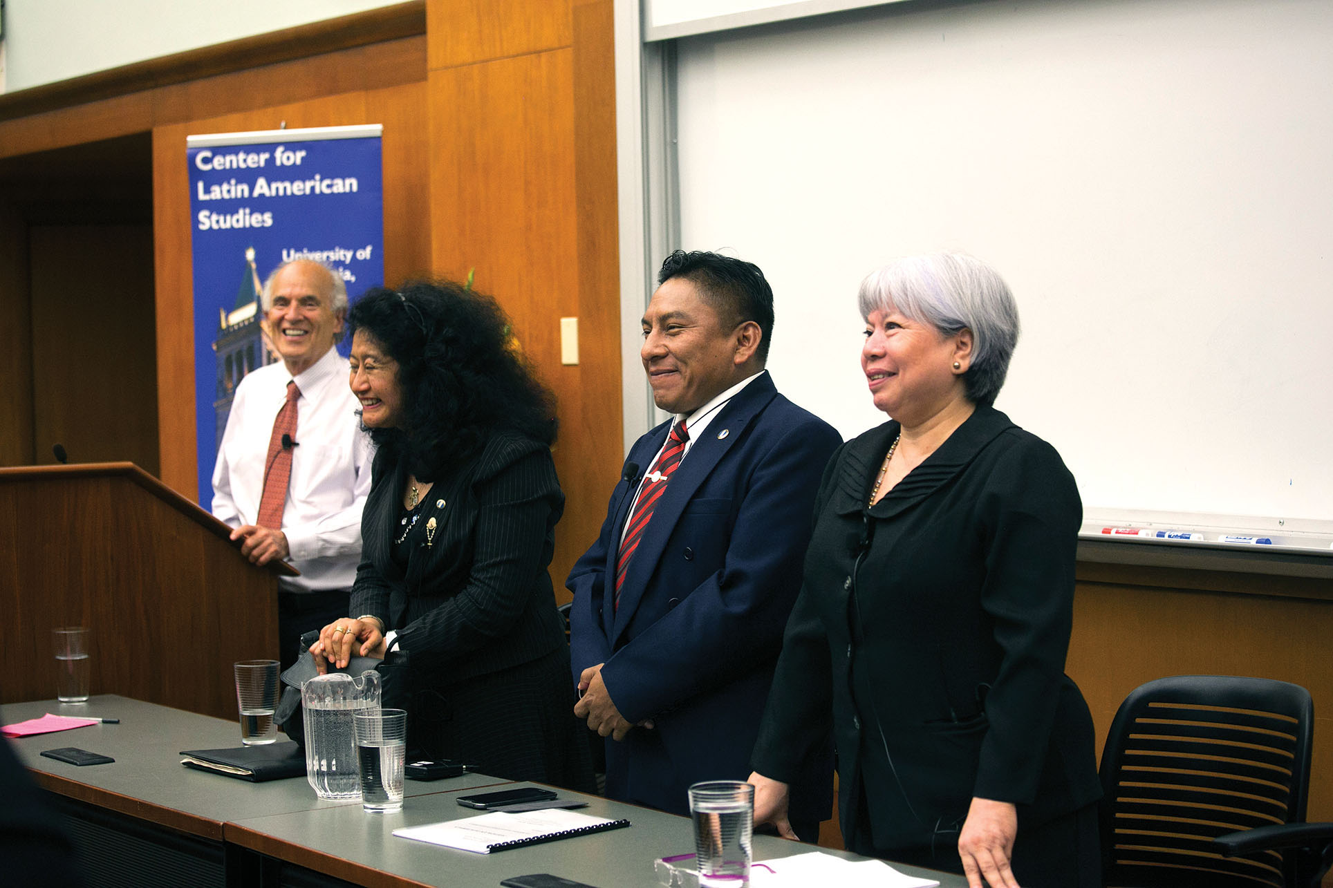 Justices Yassmin Barrios, Pablo Xitumul, and Patricia Bustamante at the Berkeley Law School. (Photo by Jim Block.)