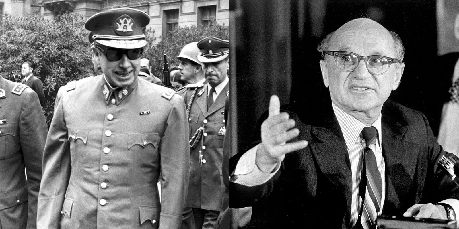 A portrait of Augusto Pinochet in uniform in 1973. (Photo by STF/AFP/Getty Images.) And Milton Friedman lecturing. (Photo courtesy of the University of Chicago.)