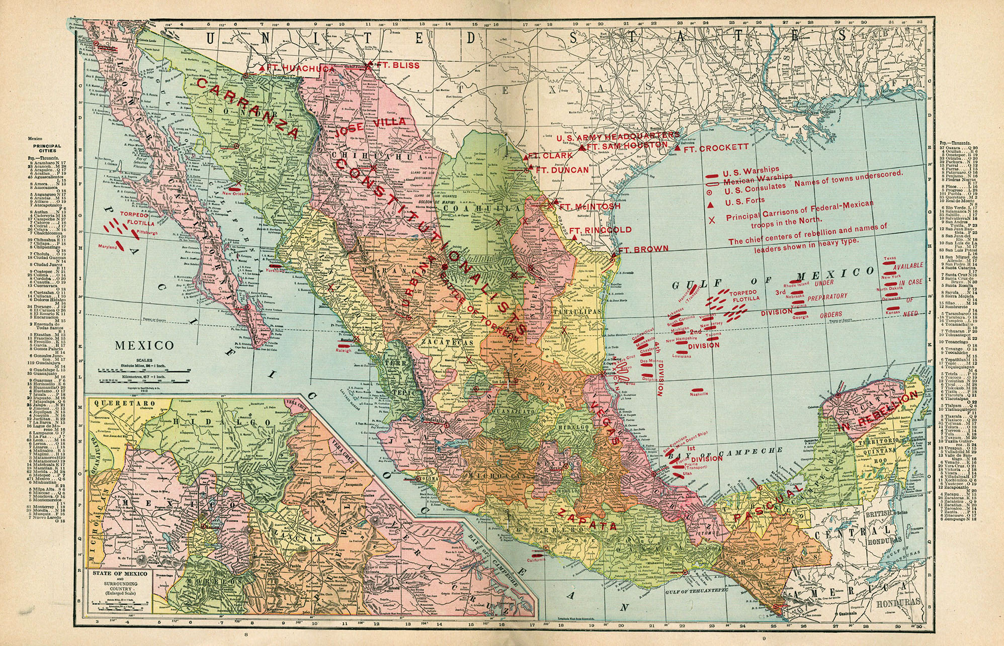 Regions under control of various caudillos are shown in this “Atlas of the Mexican Conflict” was published by Rand McNally and Company in 1914. (Image from The Newberry Independent Research Library.)