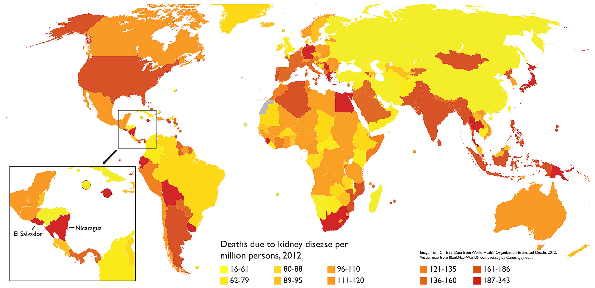 A map showing kidney disease prevalence in the world in 2012; El Salvador and Nicaragua (have among the world’s highest rates of death from kidney disease. (Image from Chris55. Data from World Health Organization Estimated Deaths 2012.)