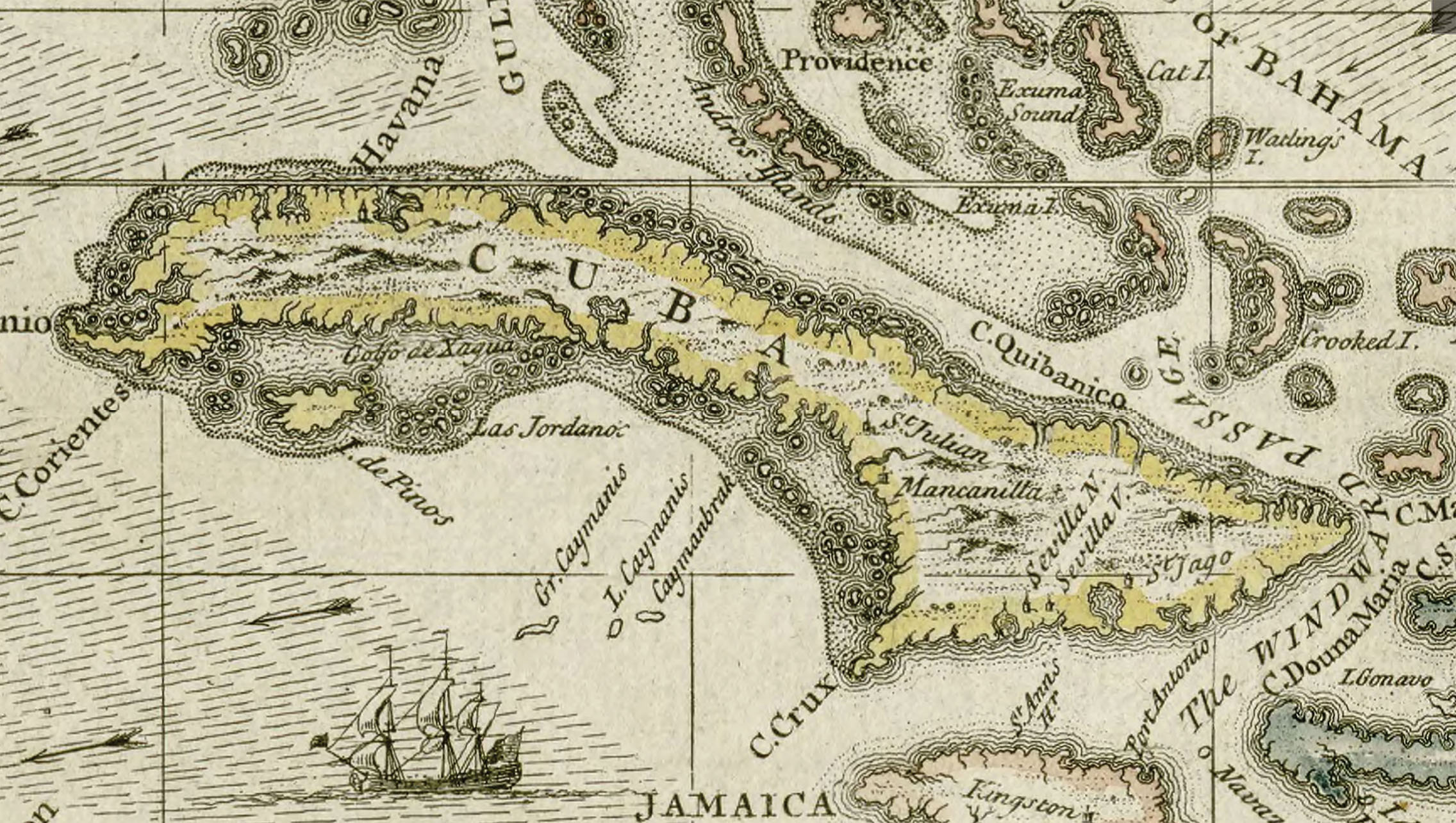 Cuba as shown on an English map by  W.H. Toms in 1733. (Image from Darlington Digital Library, University of Pittsburgh.)