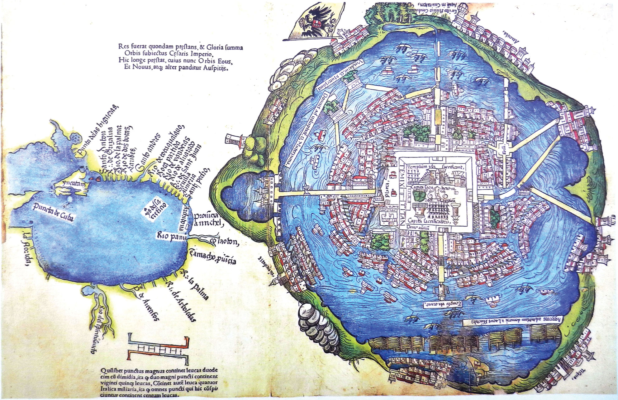 An old map of Tenochtitlán, site of Mexico City, shows Lake Texcoco surrounding the city. (Photo by Travis S.)