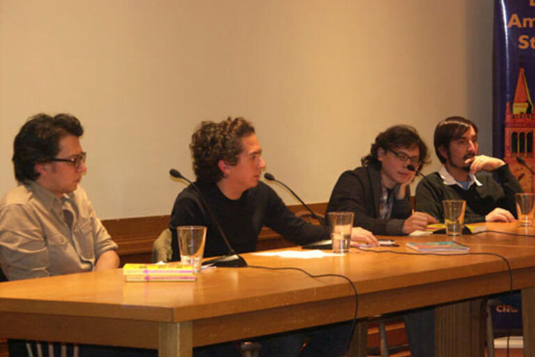 From left: Carlos Labbé, Daniel Alarcón, Andrés Felipe Solano and Carlos Yushimito at their discussion in Berkeley
