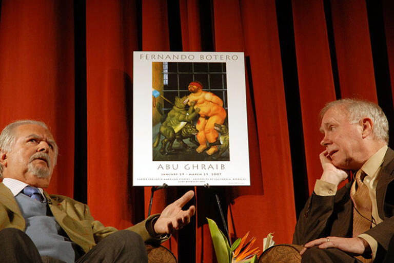 Fernando Botero with Robert Hass, Professor of English and former Poet Laureate of the United States, as they discuss "Abu Ghraib" 