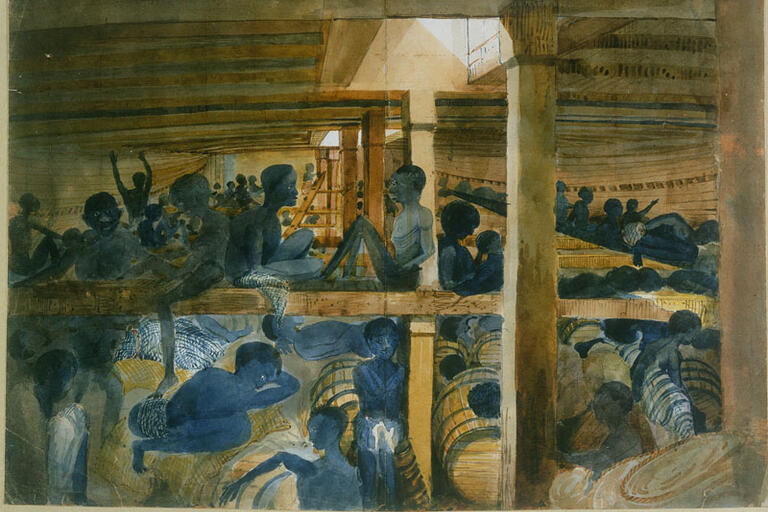 In 1845 a British sailor painted this image of enslaved Africans below decks of the Brazilian slave ship Albanez.