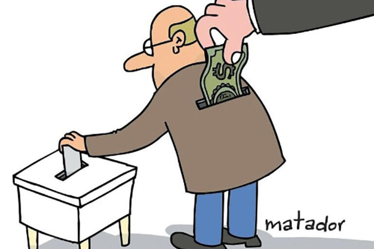 Cartoon by Matador, from the cover of Thad Dunning's book on distributive politics
