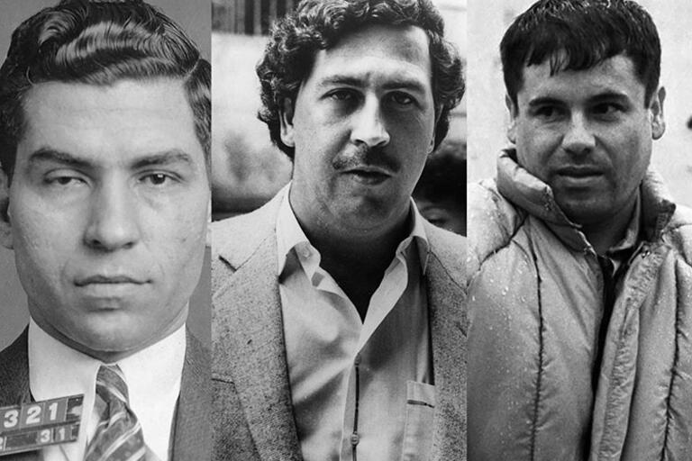 Lucky Luciano, Pablo Escobar, and "El Chapo" Guzmán. (Photos from Wikimedia.) Black and white portraits of Lucky Luciano, Pablo Escobar, and "El Chapo" Guzmán