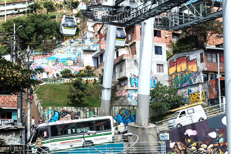 A complicated urban transportation illustration scene on a hillside in Medellín