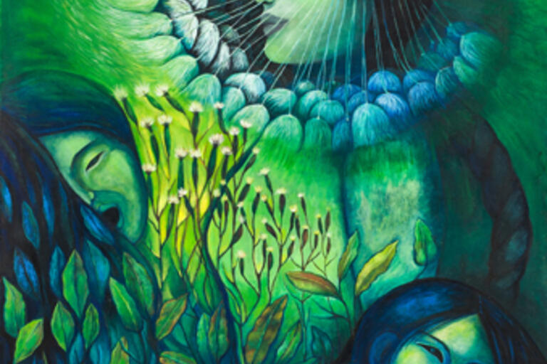 "Mamala Kilkiña," pintura al oleo de Valentina Campos. (Image courtesy of Victoria Campos.) Green painting called Mamala Kilkiña from Valentina Campos