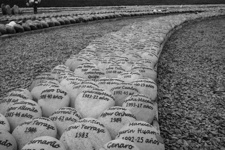 Memorial stones list the names and ages of the murdered and disappeared in El Ojo que Llora (The Eye That Cries), a monument in Lima. (Photo by Christiane Wilke.)