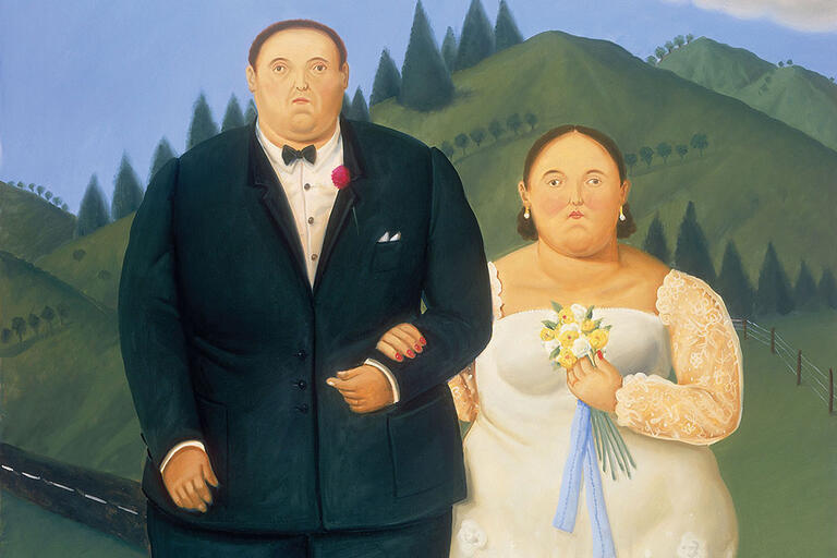 A couple in their best finery in "Country Wedding," 2009, oil on canvas, 180 x 142 cm. (Image courtesy of Fernando Botero.)