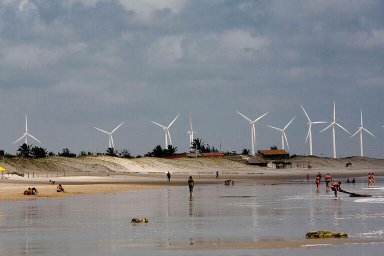 The windmills of a beachfront wind farm in Ceará State, Brazil. (Photo by Ricardo Funari/BrazilPhotos.)