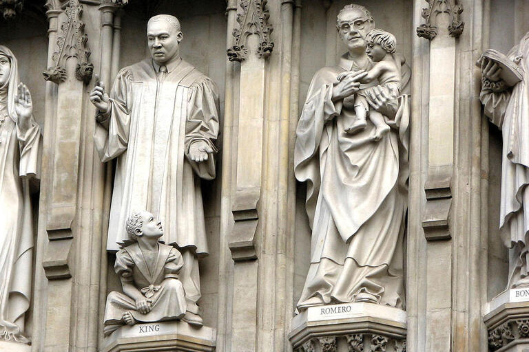 Reverend Martin Luther King, Jr. and Archbishop Romero are among those depicted in Westminster Abbey’s memorial to 20th-century martyrs. (Photo by Andrea Schaffer.)