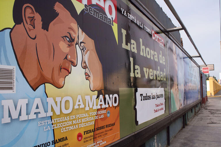 Billboard featuring a magazine cover announcing the upcoming face-off between Ollanta Humala and Keiko Fujimori. (Photo by Catherine Binet, The Advocacy Peace Project Fellow, 2011.) APeruvian billboard featuring a magazine cover announcing the upcoming presidential election face-off between Ollanta Humala and Keiko Fujimori. (Photo by Catherine Binet, The Advocacy Peace Project Fellow, 2011.)