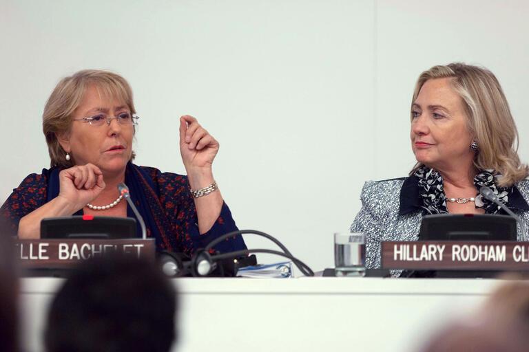 Michelle Bachelet and Hillary Rodham Clinton at a high-level UN meeting for women political leaders, 2011. (Photo courtesy of UN Women.) Michelle Bachelet and Hillary Rodham Clinton at a high-level UN meeting for women political leaders, 2011. (Photo courtesy of UN Women.)