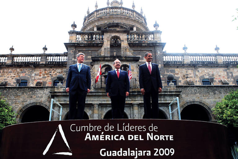 Canadian Prime Minister Stephen Harper, Mexican President Felipe Calderón and U.S. President Barack Obama at the 2009 North American Leaders Summit. (Photo courtesy of Gobierno Federal.) Canadian Prime Minister Stephen Harper, Mexican President Felipe Calderón and U.S. President Barack Obama at the 2009 North American Leaders Summit. (Photo courtesy of Gobierno Federal.)