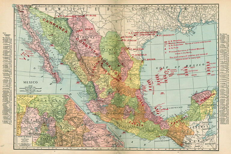 Regions under control of various caudillos are shown in this “Atlas of the Mexican Conflict” was published by Rand McNally and Company in 1914. (Image from The Newberry Independent Research Library.)