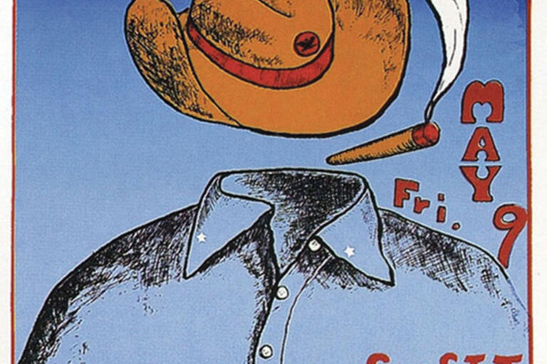A caricature of Luis Valdéz as a hat, shirt, and cigar on a mid-1970s poster. (Image by Rodolfo “Rudy” Cuellar.)