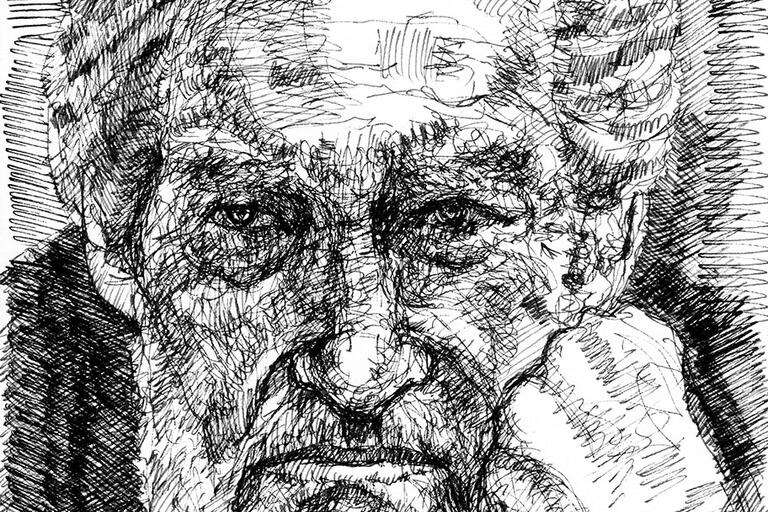 A charcoal drawn portrait of Octavio Paz. (Portrait by Arturo Espinosa.) 