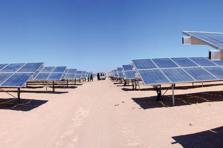 A large solar farm in the Atacama Desert, Tarapacá, Chile. (Photo by zwansaurio.)