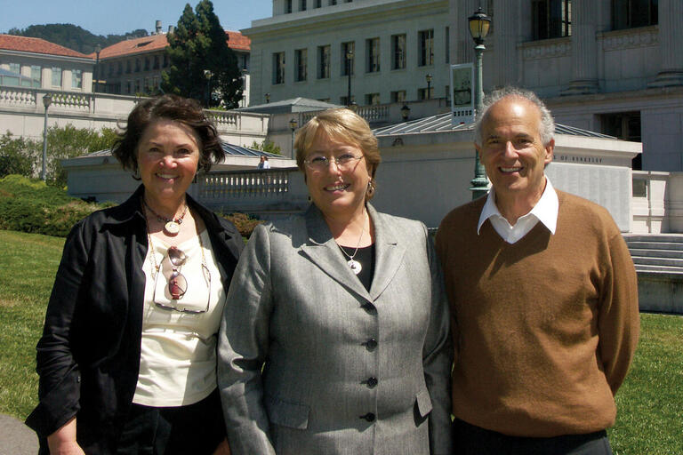Michelle Bachelet (center) with Beatriz Manz and Harley Shaiken on the Berkeley campus, 2010. (Photo by Dionicia Ramos.) Michelle Bachelet with Beatriz Manz and Harley Shaiken on the Berkeley campus, with the Campanile and Doe Library in the background, 2010. (Photo by Dionicia Ramos.)