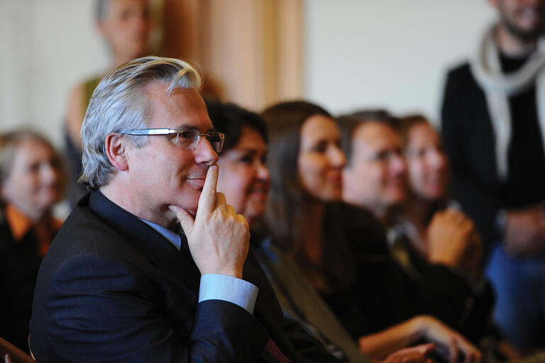 Baltasar Garzón prior to his Berkeley talk. (Photo by Noah Berger.) A profile of Baltasar Garzón as he sits listening to the introduction prior to his Berkeley talk. (Photo by Noah Berger.)