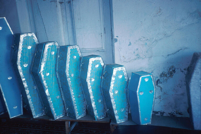Free baby coffins from the municipal coffin maker, 1982. (Photo by Nancy Scheper-Hughes.) Free blue baby coffins, in a range of sizes, available from the municipal coffin maker, 1982. (Photo by Nancy Scheper-Hughes.)