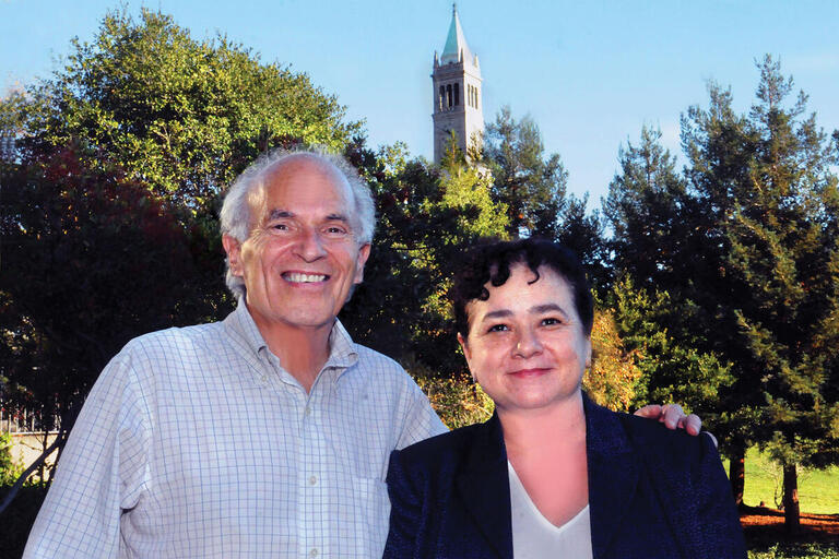 Harley Shaiken and Claudia Paz y Paz and the campanile in the background on the Berkeley campus. (Photo by Peg Skorpinski.)