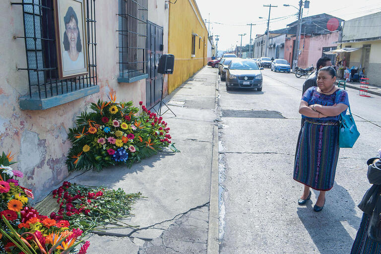 Portrait of Myrna Mack at the site of her murder on 12 Calle in Guatemala City, renamed Calle Myrna Mack.  People gather to commemorate the anniversary of her death each September 11. (Photo by Fabricio Alonso.)