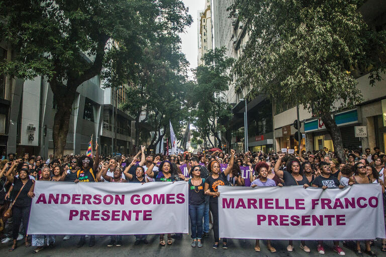 A march after the assassination of Councilwoman Marielle Franco and her driver,  Anderson Gomes, Rio de Janeiro, March 2018. (Photo by Mídia NINJA.)