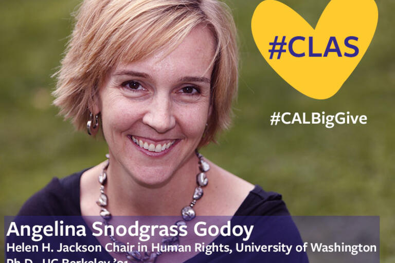 Photo of Angelina Snodgrass Godoy smiling with a logo of a yellow heart with the word #CLAS inside