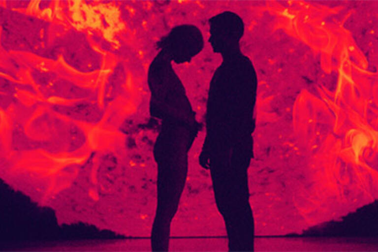 A man and woman silhouetted against a red sun, Cine Latino Fall 2021 poster from "Ema." (Image courtesy of Fabula.)