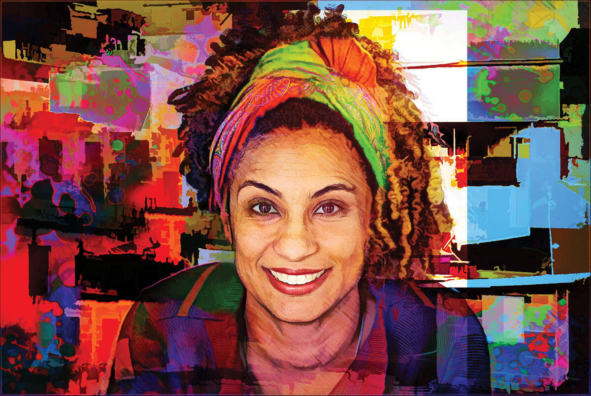 A tribute to slain activist and political leader Marielle Franco. (Art and image by Daniel Arrhakis.)