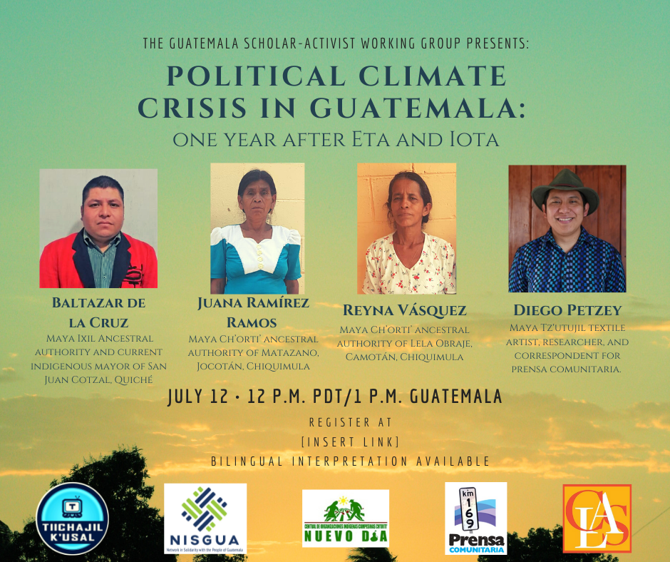 Event’s flyer in English it’s green with photos of the four speakers and the cosponsors logos at the bottom 