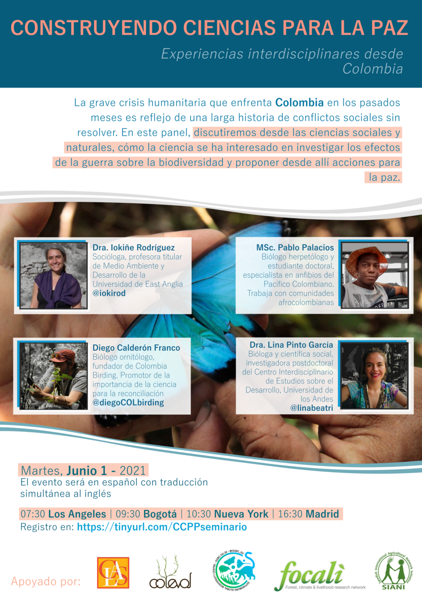 Contruyendo ciencias para la paz flyer in Spanish with photos of the four speakers 