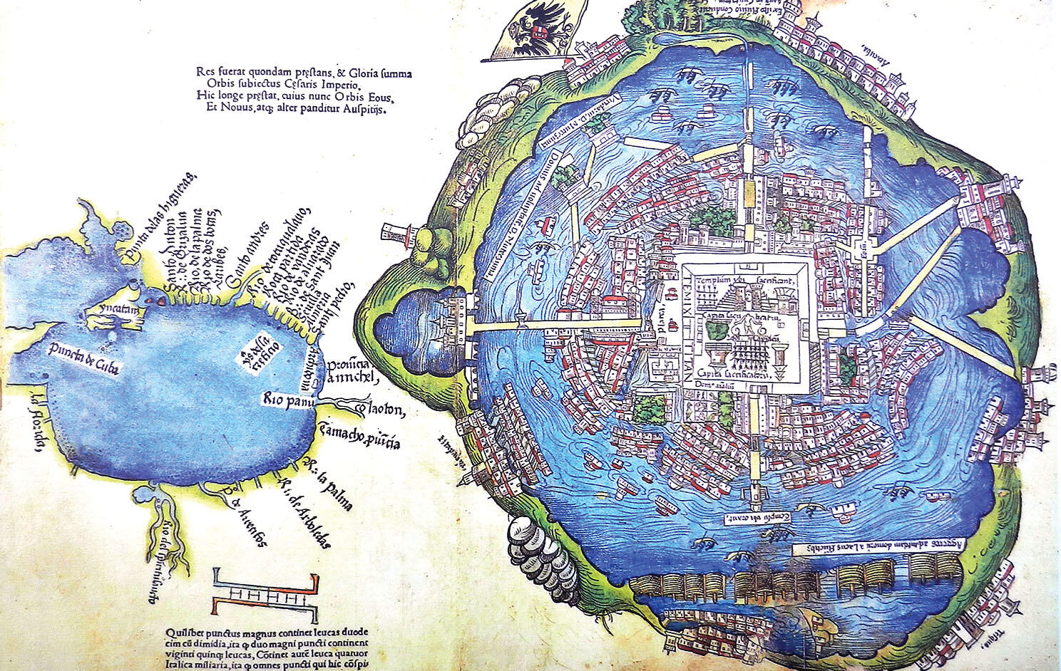 The “Nuremberg map” of Tenochtitlán shows Lake Texcoco surrounding the city in the Valley of Mexico. (Image courtesy of the Edward E. Ayer Digital Collection (Newberry Library)).