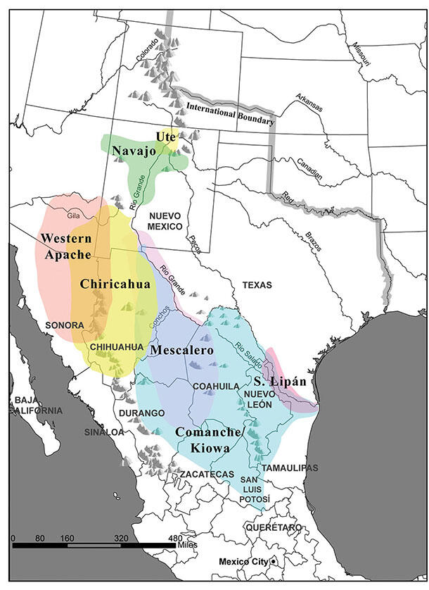 A map shows the complex and overlapping zones of interethnic conflict in northern Mexico, circa 1844. (Image courtesy of Brian DeLay.)