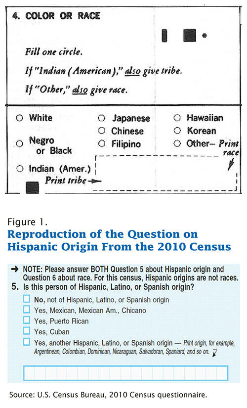Census questions on race and ethnicity from 1970 and 2010 demonstrate the expansion of "Hispanic" categories. (Images courtesy of the United States Census Bureau.)