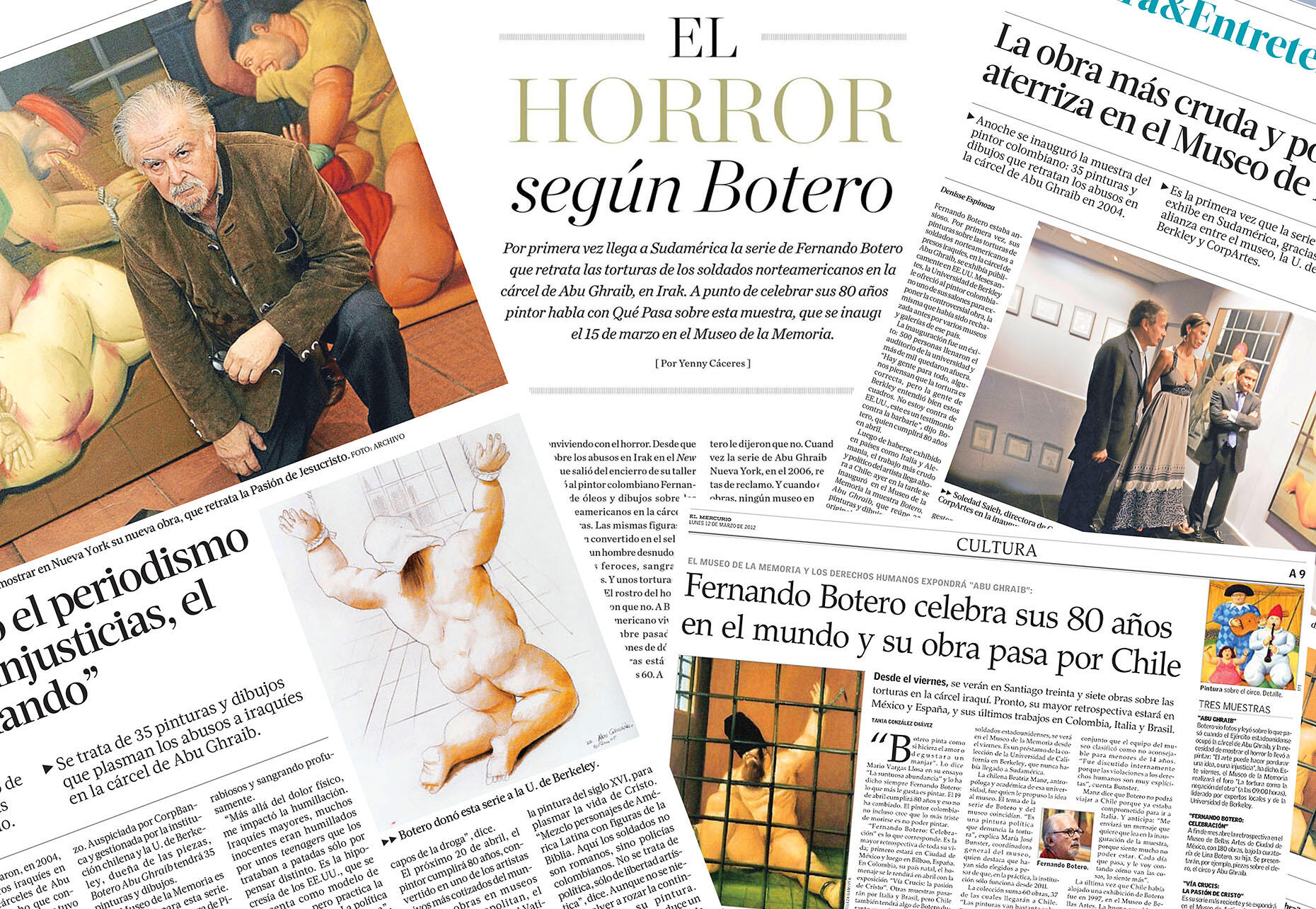 Images of newspaper and website accounts of the Botero exhibit at Chile’s Museo de la Memoria. (Image by CLAS.)