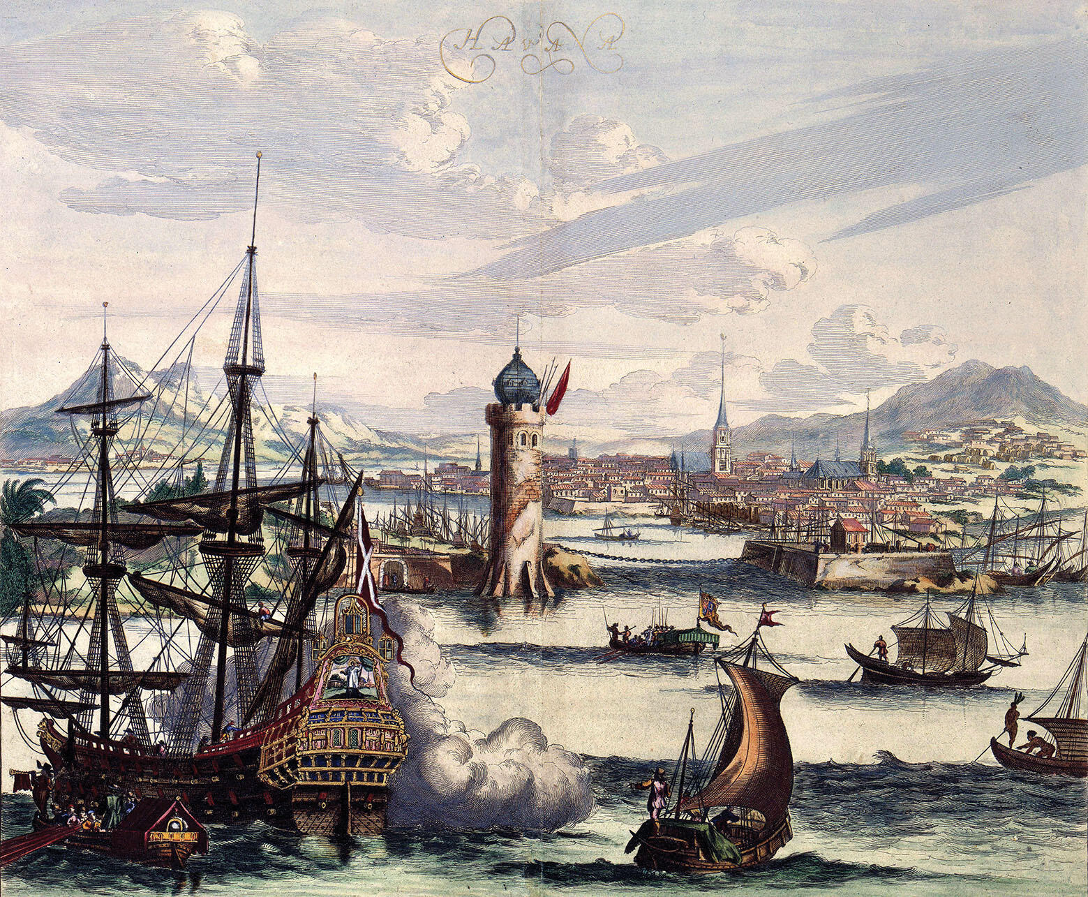 A fanciful rendition of Havana in a book engraving circa 1700. (Image from Wikipedia.)