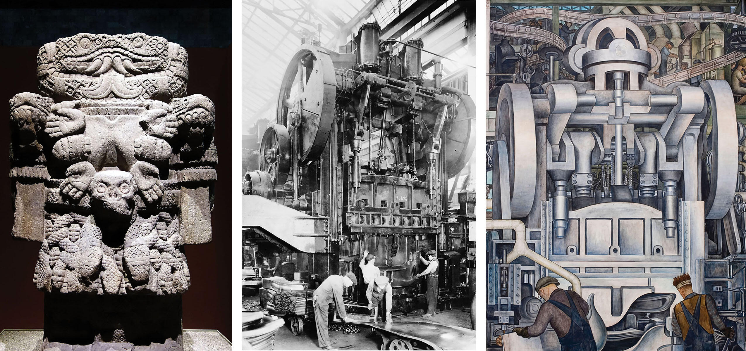 A statue of Coatlicue, a metal stamping press at a car factory in 1915, and Rivera's fusion of the two in "Detroit Industry." (Photos by Steven Zucker and from the Library of Congress.)