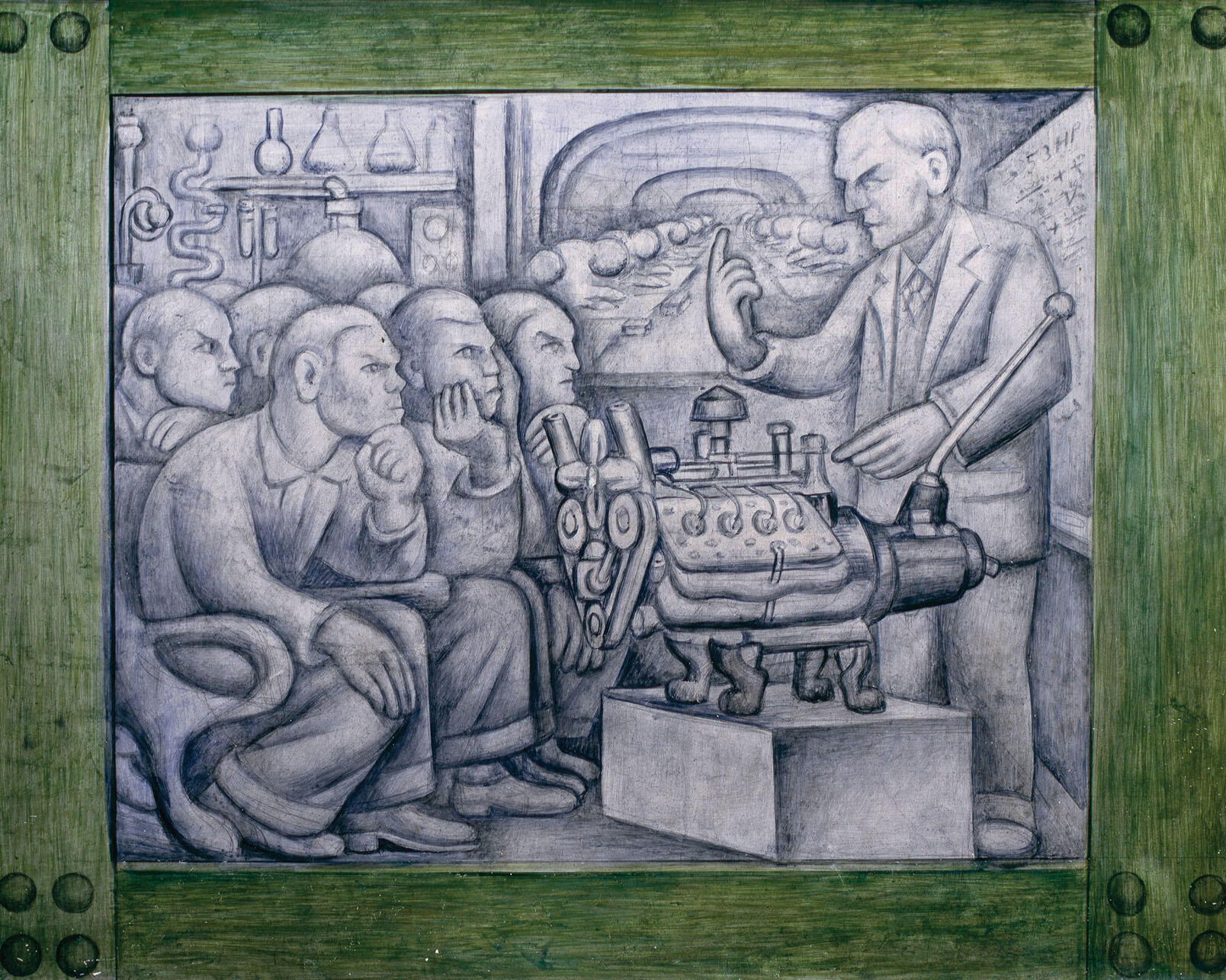 Detail of “Detroit Industry,” south wall, shows workers as vaguely apelike, listening to Henry Ford describe the V8 engine. (Image courtesy of the Detroit Institute of Arts.)