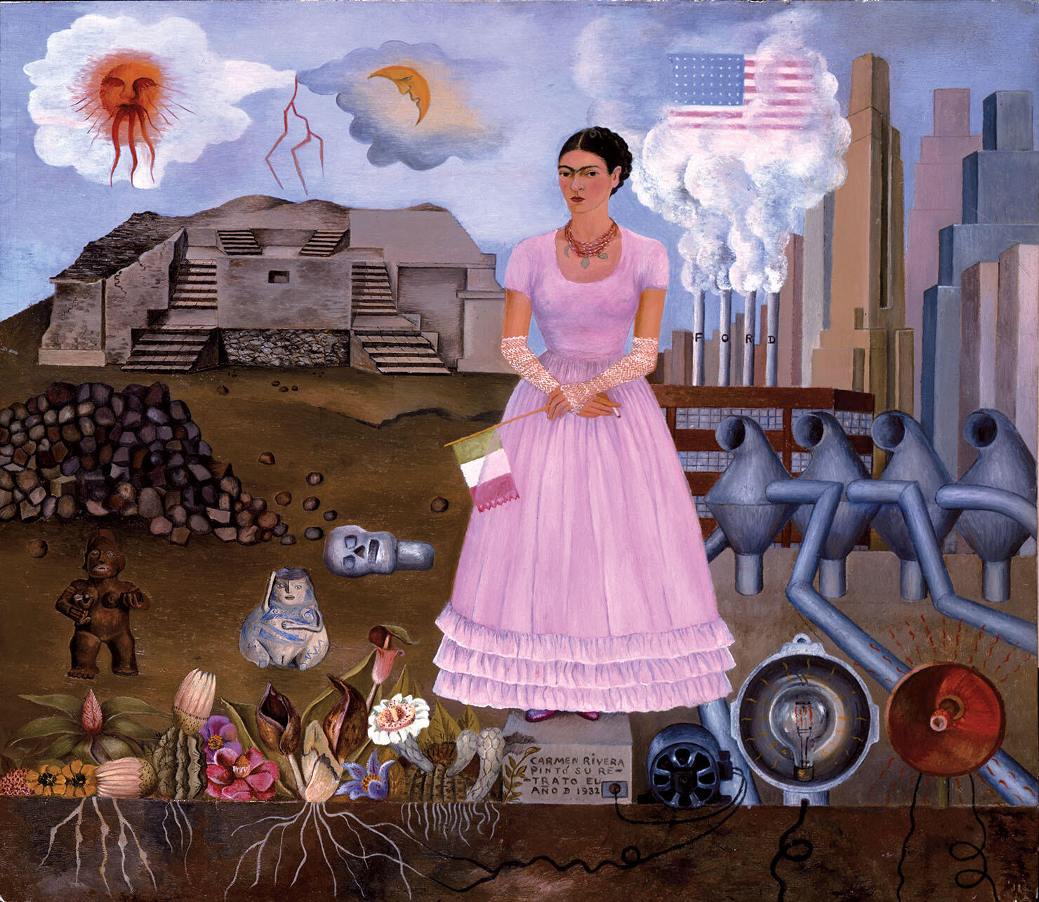 Frida Kahlo, “Self-Portrait on the Borderline Between Mexico and the United States,” 1932, oil on metal. (© 2020 Banco de México Diego Rivera Frida Kahlo Museums Trust, Mexico, D.F. / Artists Rights Society (ARS), New York.)