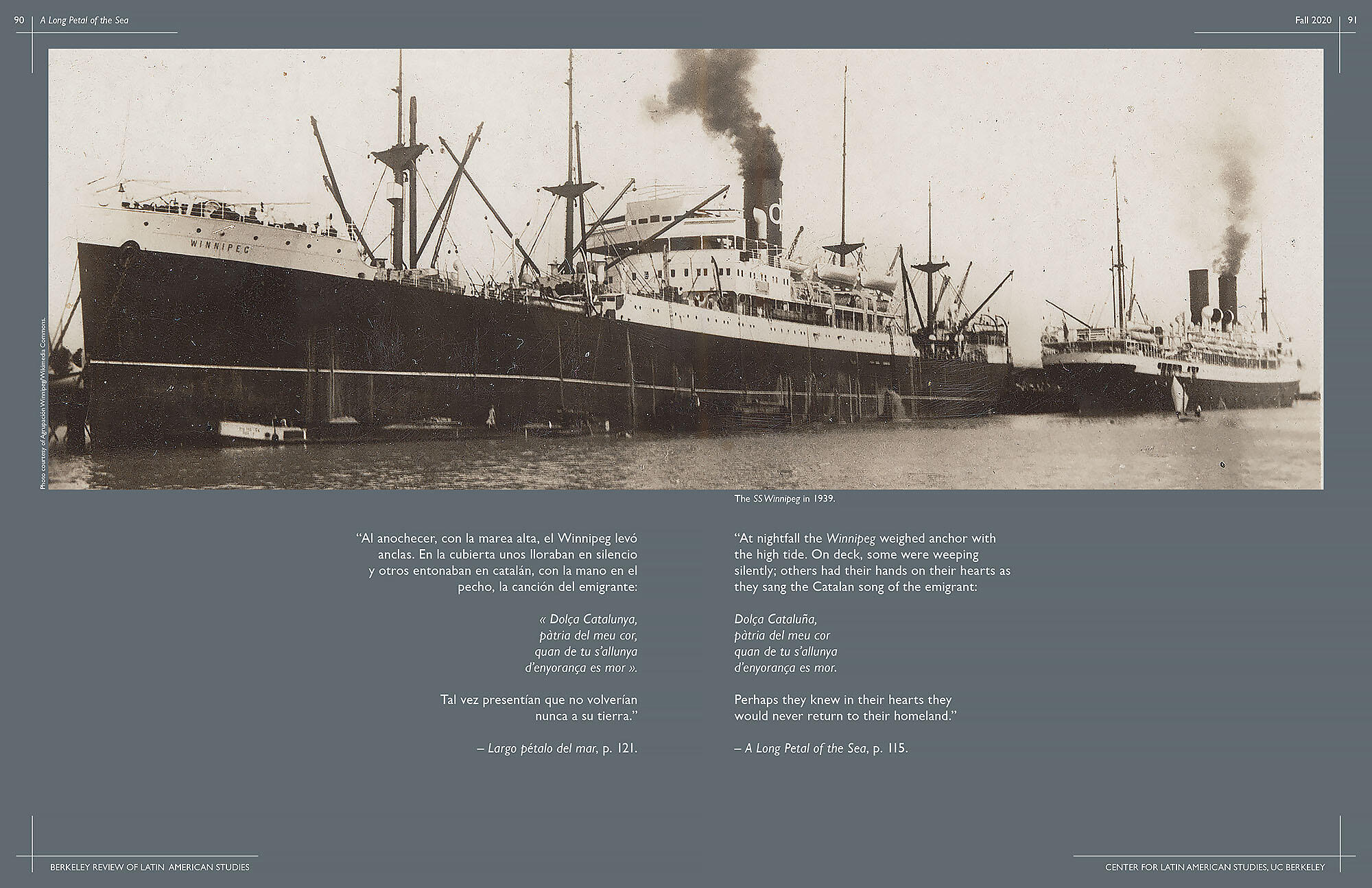 Excerpts from A Long Petal of the Sea, with a photo of the SS Winnipeg in 1939. (Photo courtesy of Agrupación Winnipeg/Wikimedia Commons.)