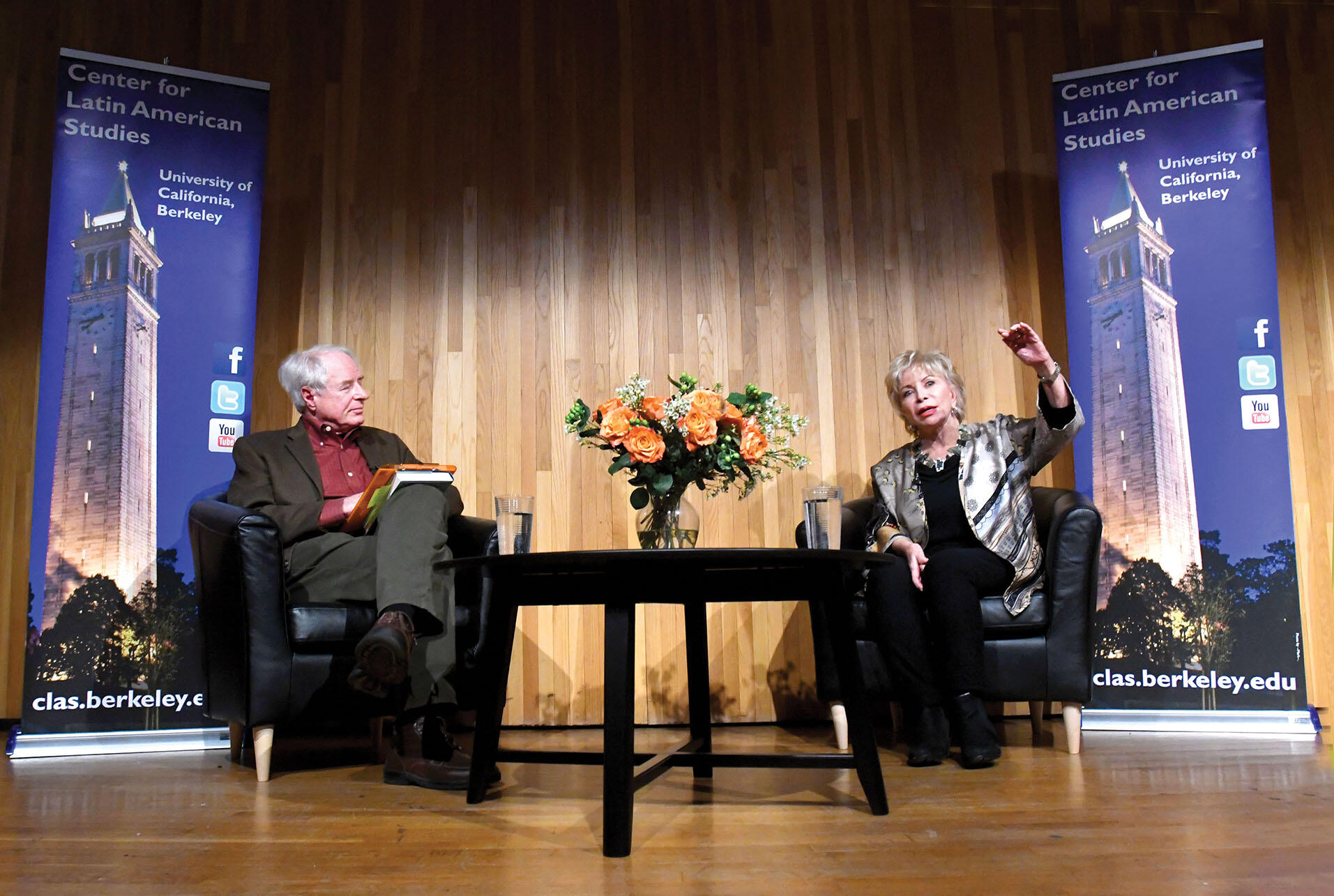 Adam Hochschild and Isabel Allende, in conversation on the UC Berkeley campus, February 2020. (Photo by Peg Skorpinski.)
