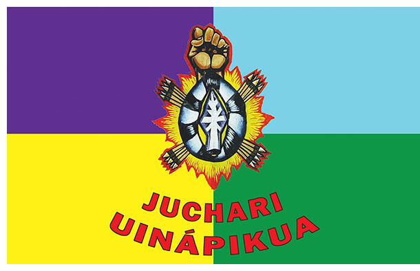 The colorful P’urhépecha flag. with its icon and slogan.