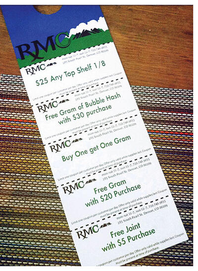 A door hanger with coupons for the purchase of marijuana in Denver, Colorado. (Photo by Owen Lin.) A door hanger with coupons for the purchase of marijuana in Denver, Colorado. (Photo by Owen Lin.)